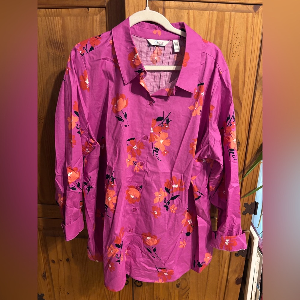 D & Co Bright Magenta Floral Button-Up Shirt Sz 2x